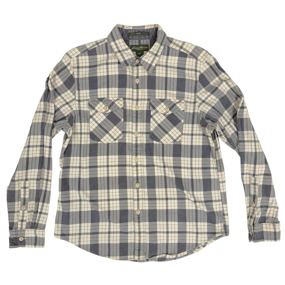 Eddie Bauer Men's Large Flannel White Gray Plaid Button Up Long Sleeve Slim Fit